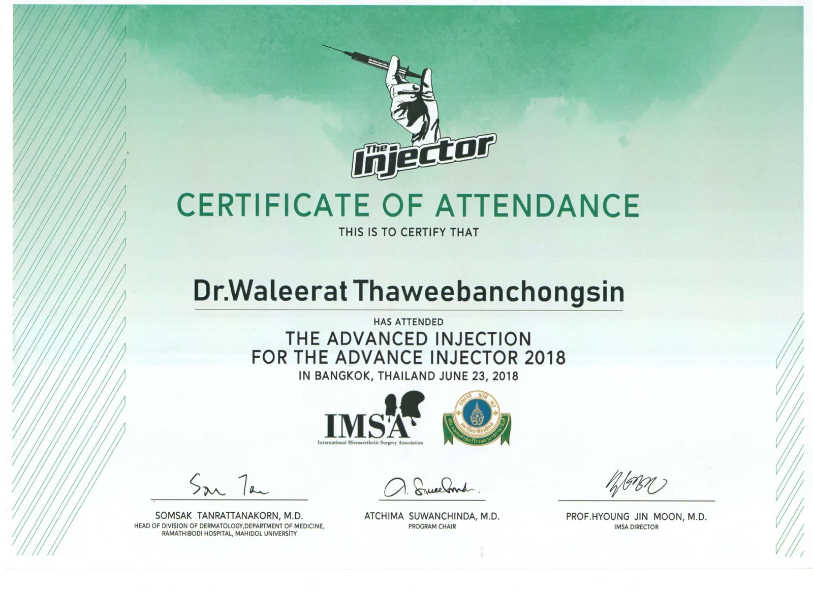 IMSA certificate of attendance for The Advanced Injection for the Advanced Injector 2018, Bangkok