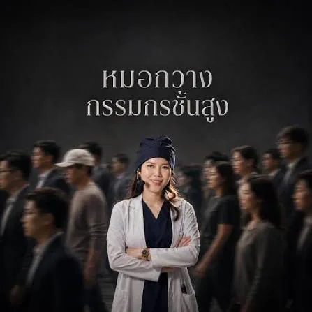 白衣姿で、行き交う人々の中に立つワリーラット医師（Dr. Gwang）