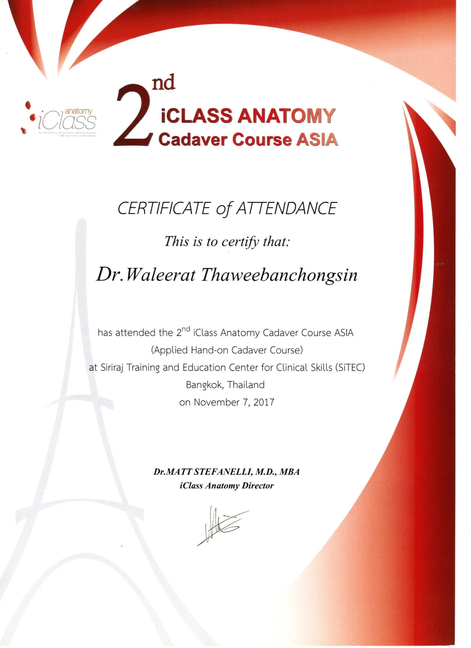 iClass Anatomy certificate of attendance for the 2nd Cadaver Course ASIA at SiTEC Bangkok, November 2017