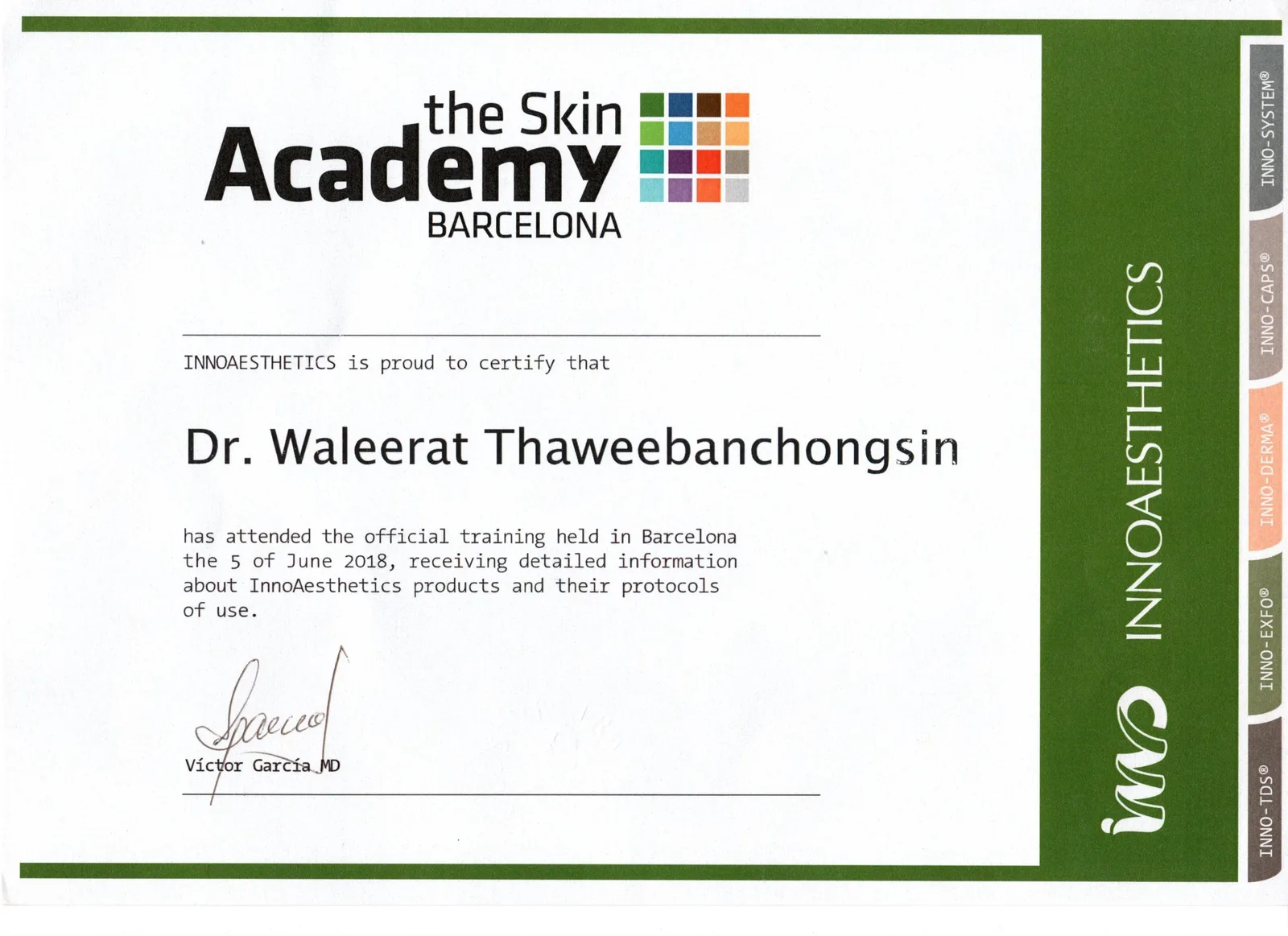 InnoAesthetics certificate for official training attended in Barcelona, 5 June 2018