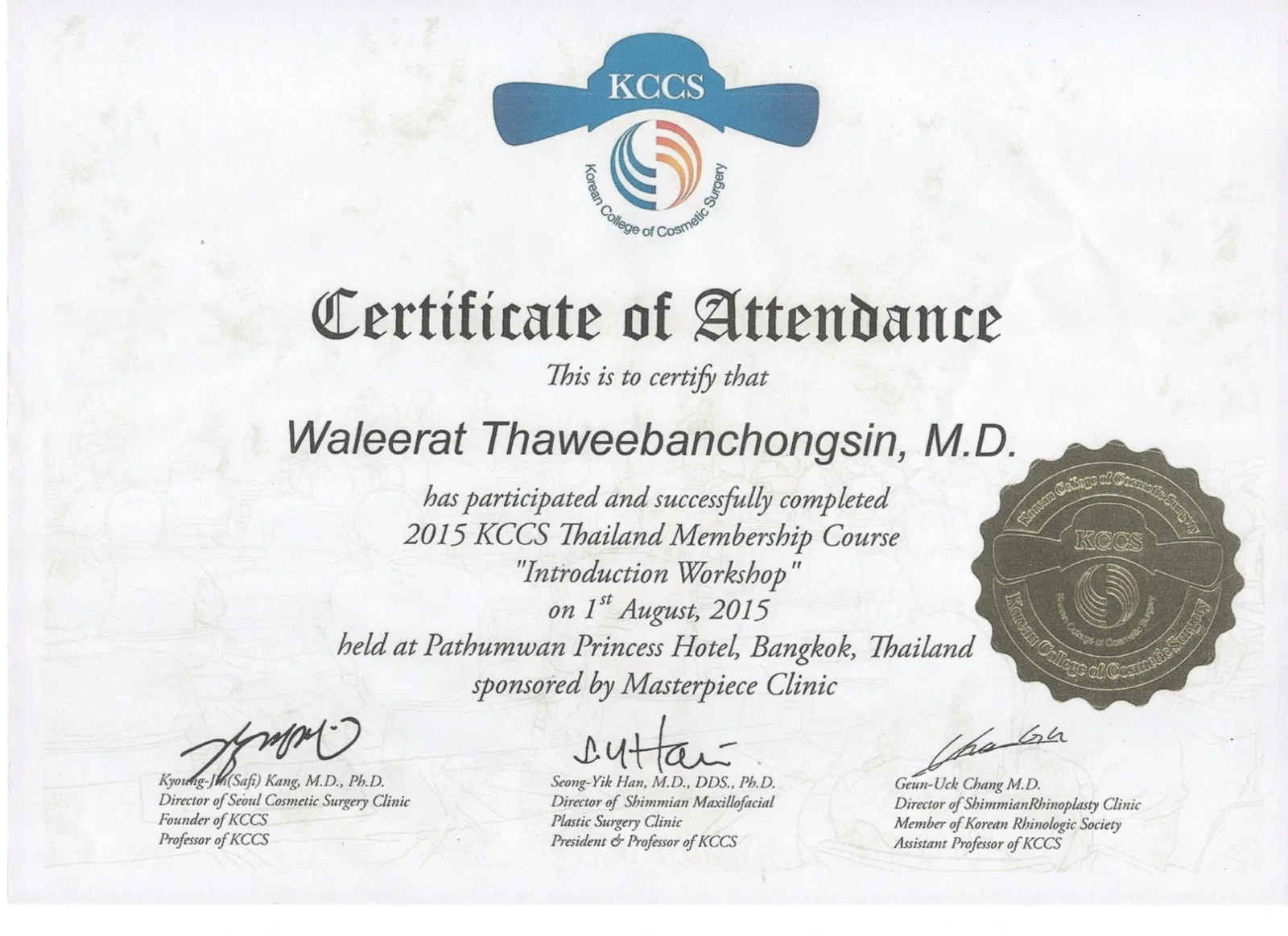 KCCS certificate of attendance for the 2015 KCCS Thailand Membership Course introduction workshop, Bangkok