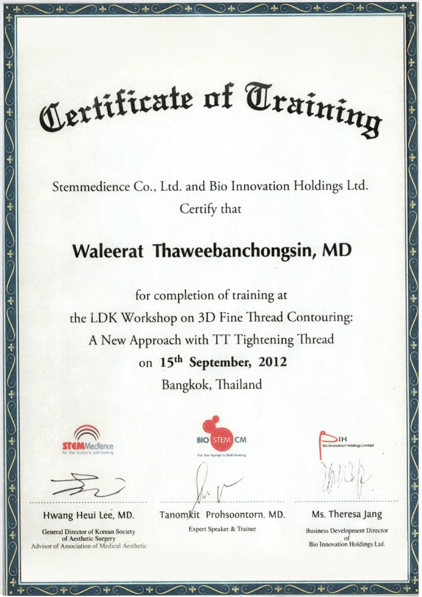 Certificate of training for the LDK workshop on 3D Fine Thread Contouring, Bangkok, September 2012