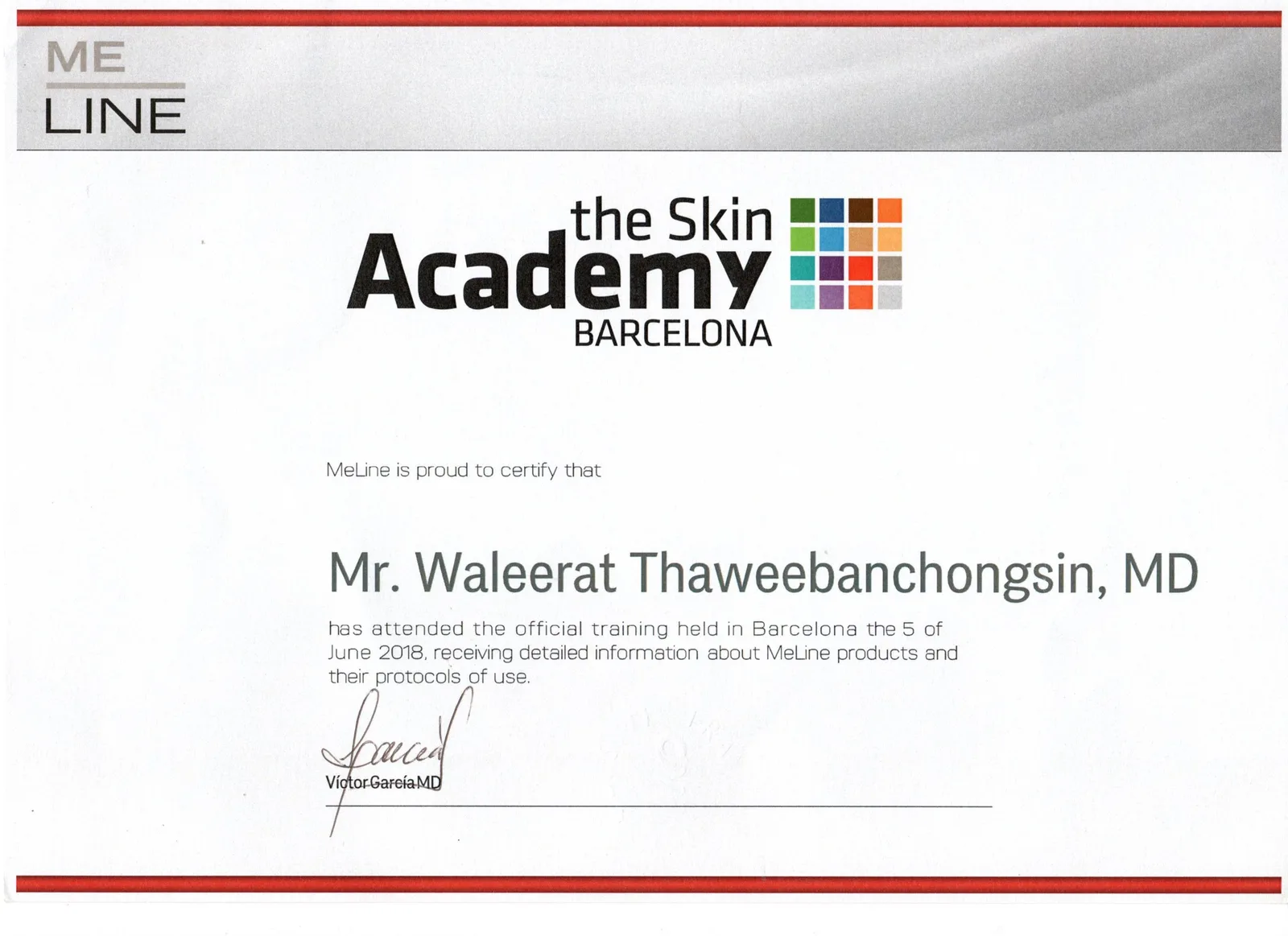 MeLine certificate for official training attended in Barcelona, 5 June 2018