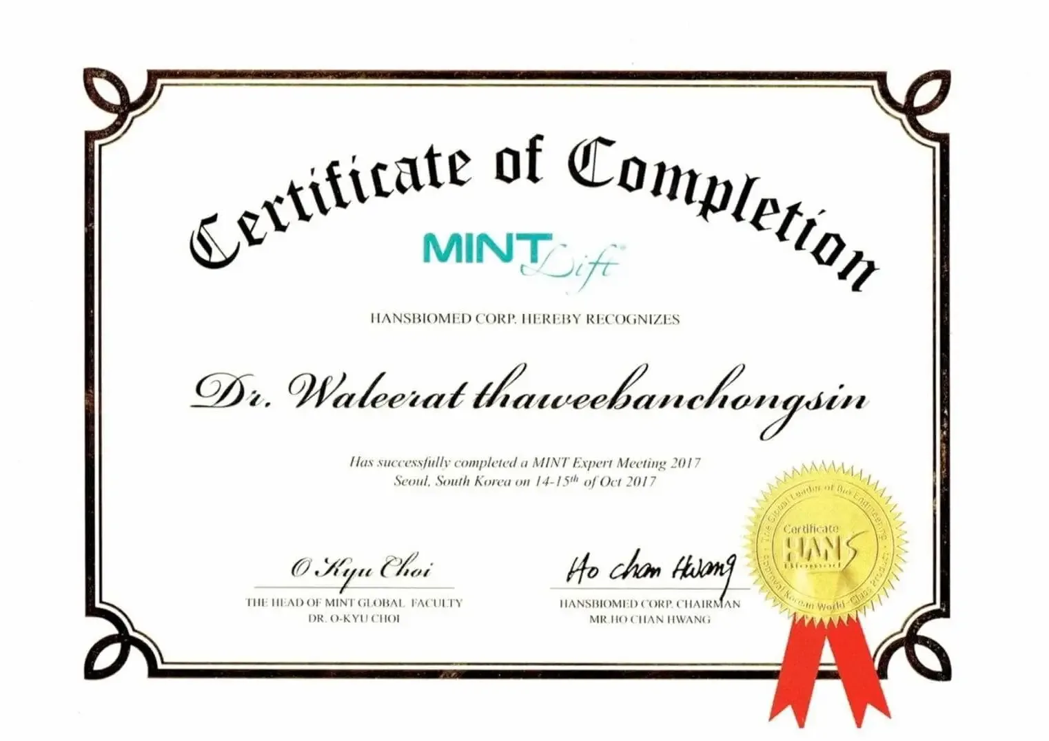 HansBiomed Corp certificate of completion for MINT Expert Meeting 2017, Seoul